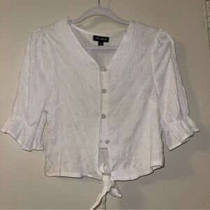 Tie Front Puff Sleeve White Blouse